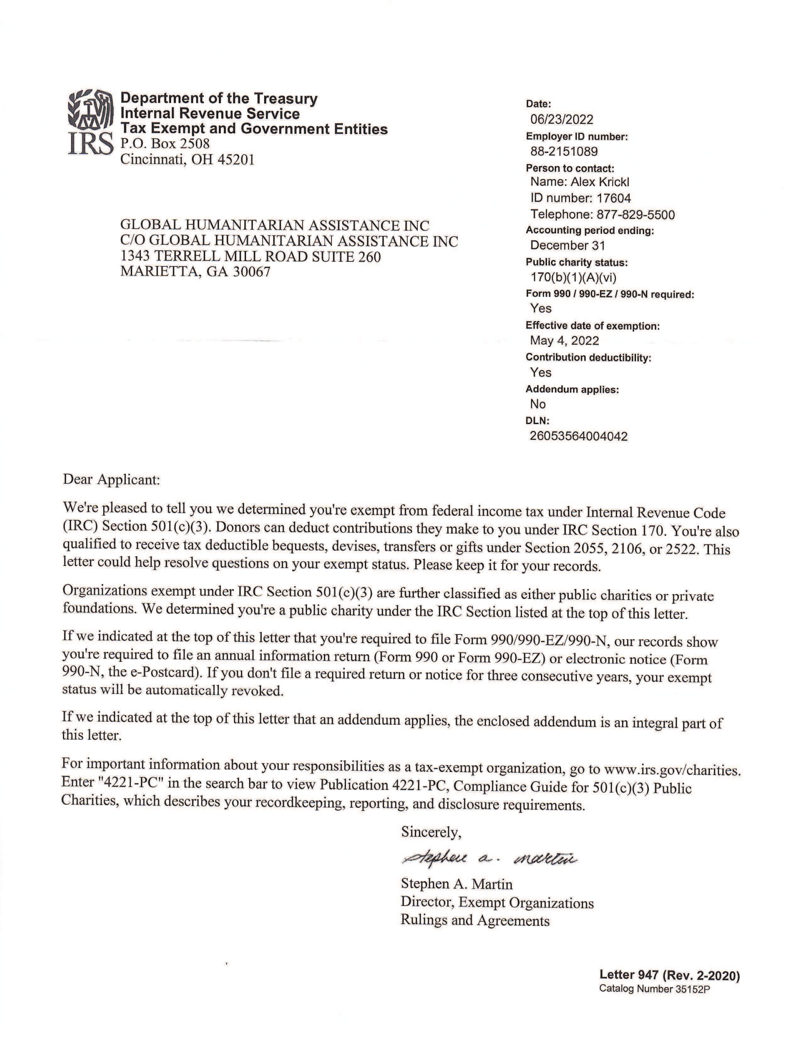 Global Humanitarian Assistance, Inc. is exempt from federal income tax under Internal Revenue Code (IRC) Section 501(c)(3). Donors can deduct contributions.